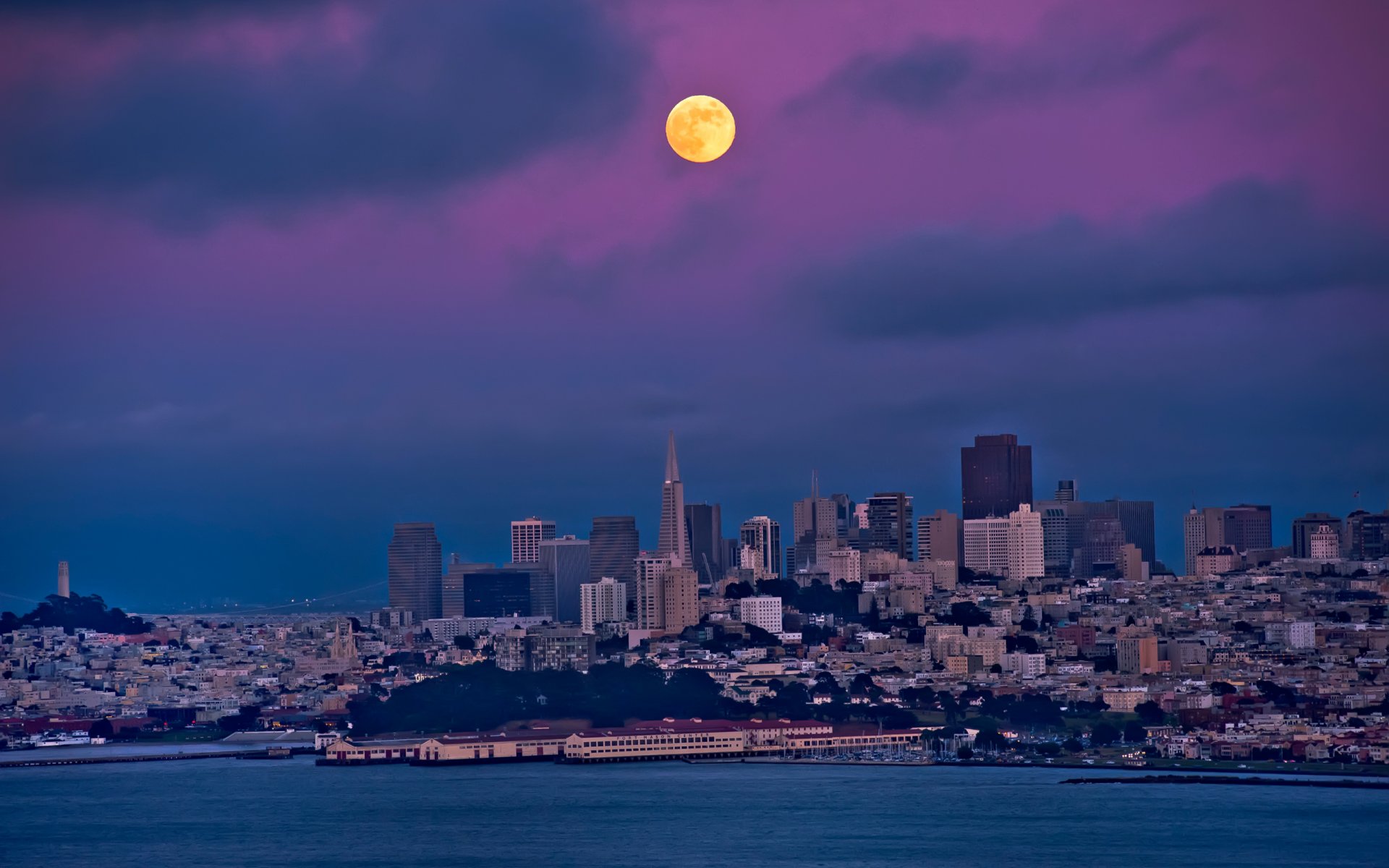 san francisco noche luna cielo bahía edificios casas