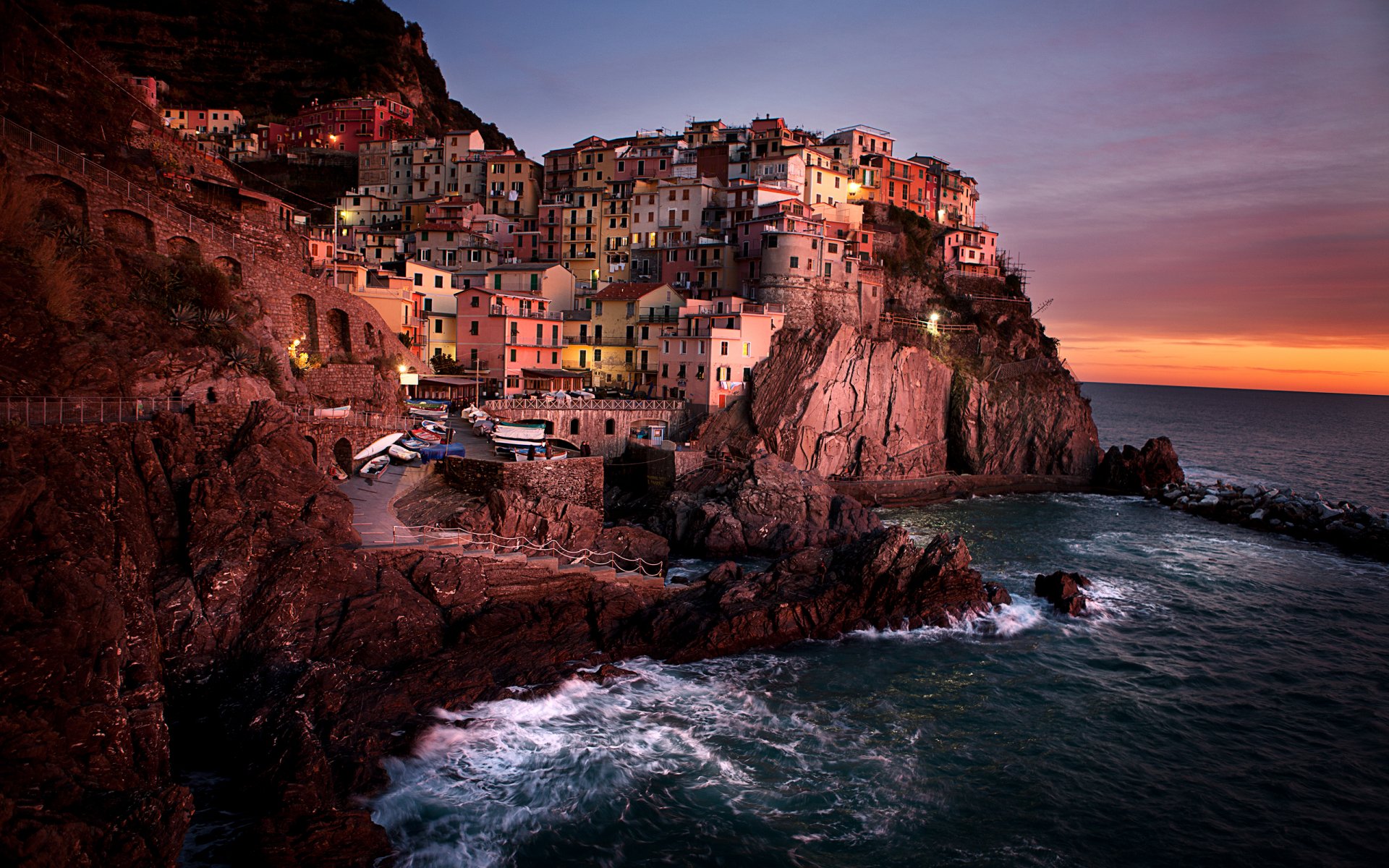 city nature landscape ocean water waves rocks houses sunset sky clouds rocks 1000000