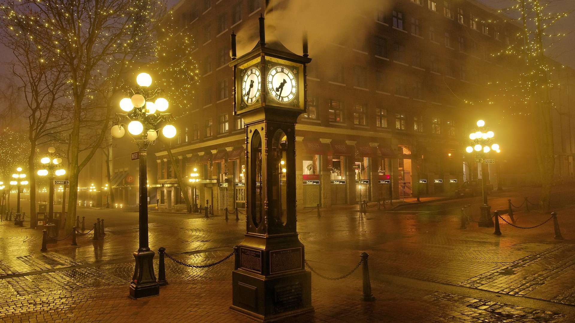 ciudad calle reloj linternas noche luz