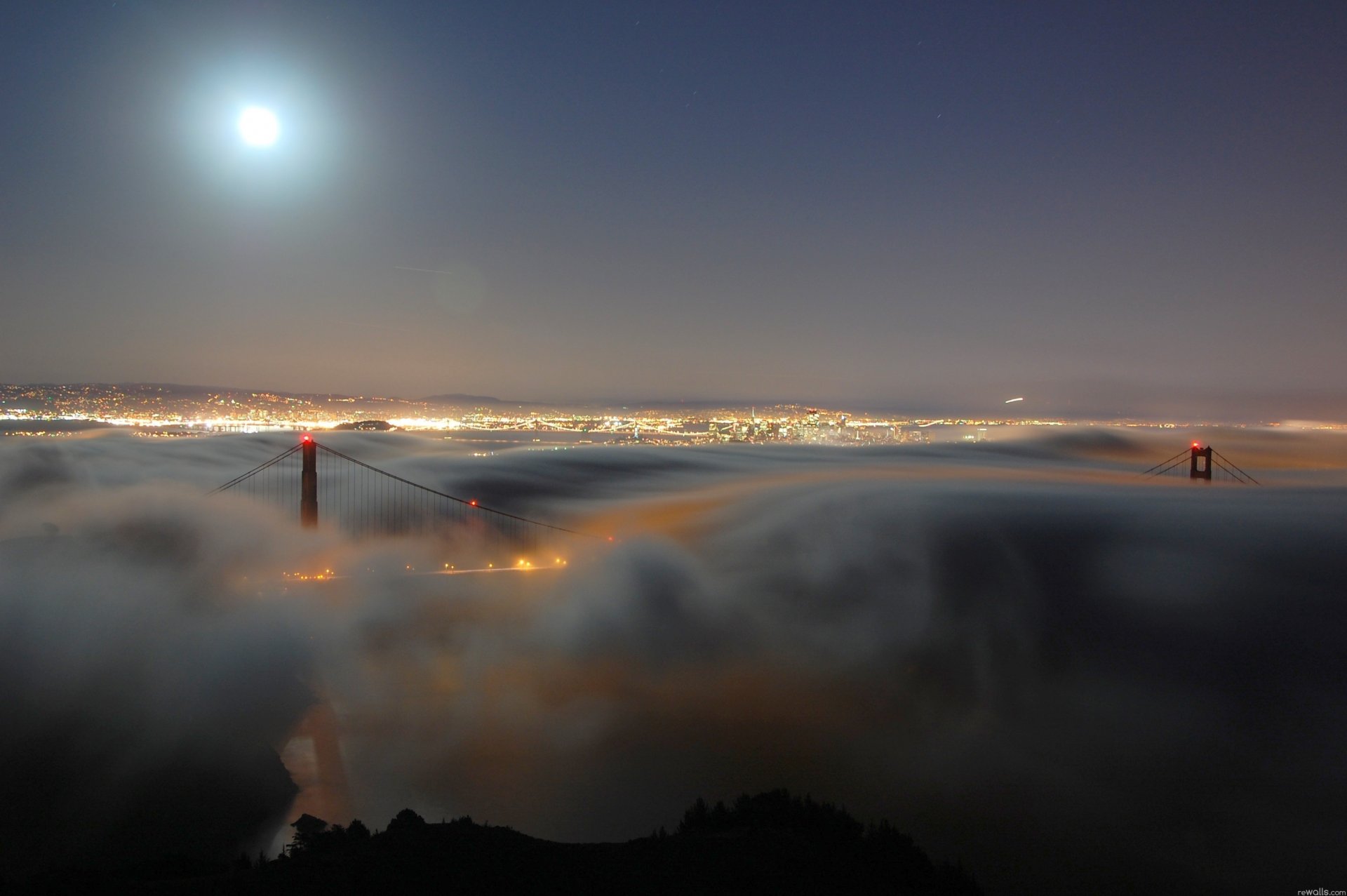 città nebbia foschia notte sera luna ponte luci america california san francisco golden gate stati uniti stretto