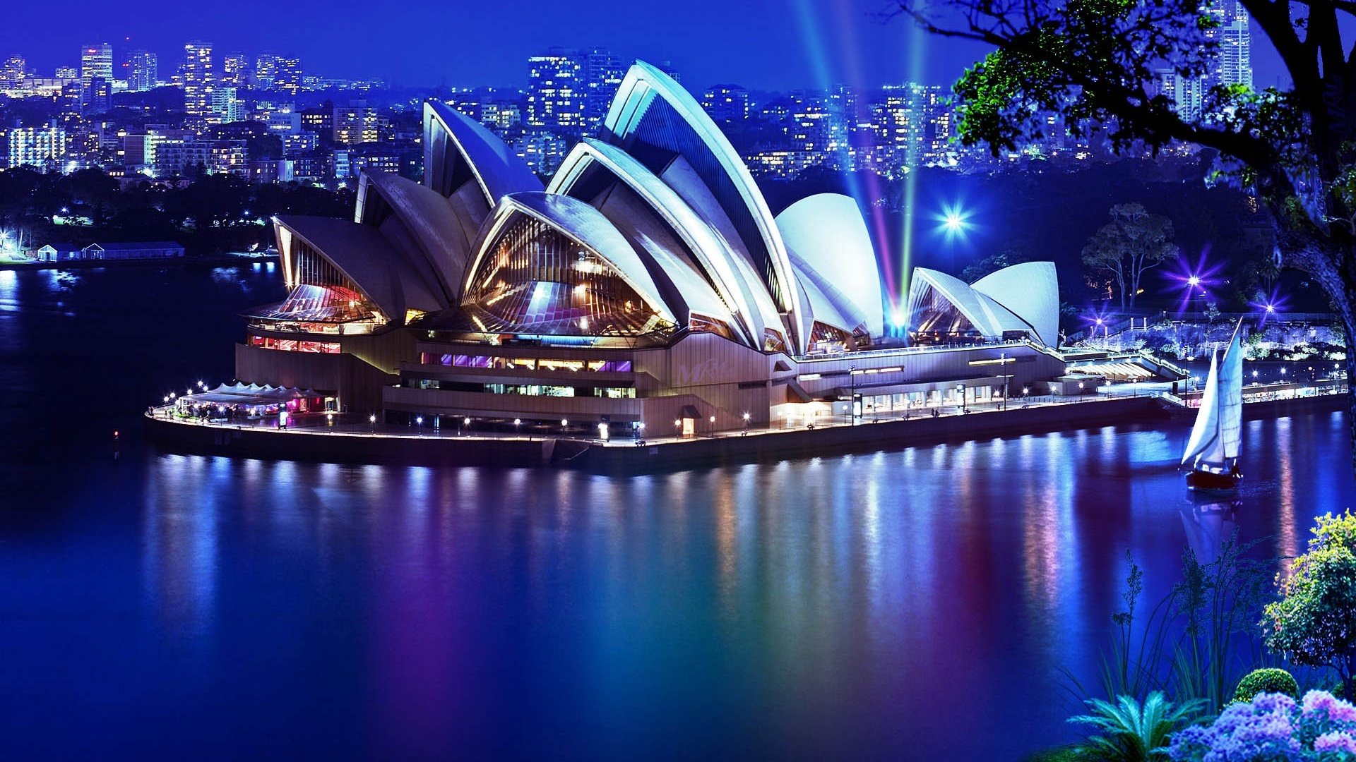 opernhaus in sydney sydney theater nacht wasser yacht baum pflanzen stadt