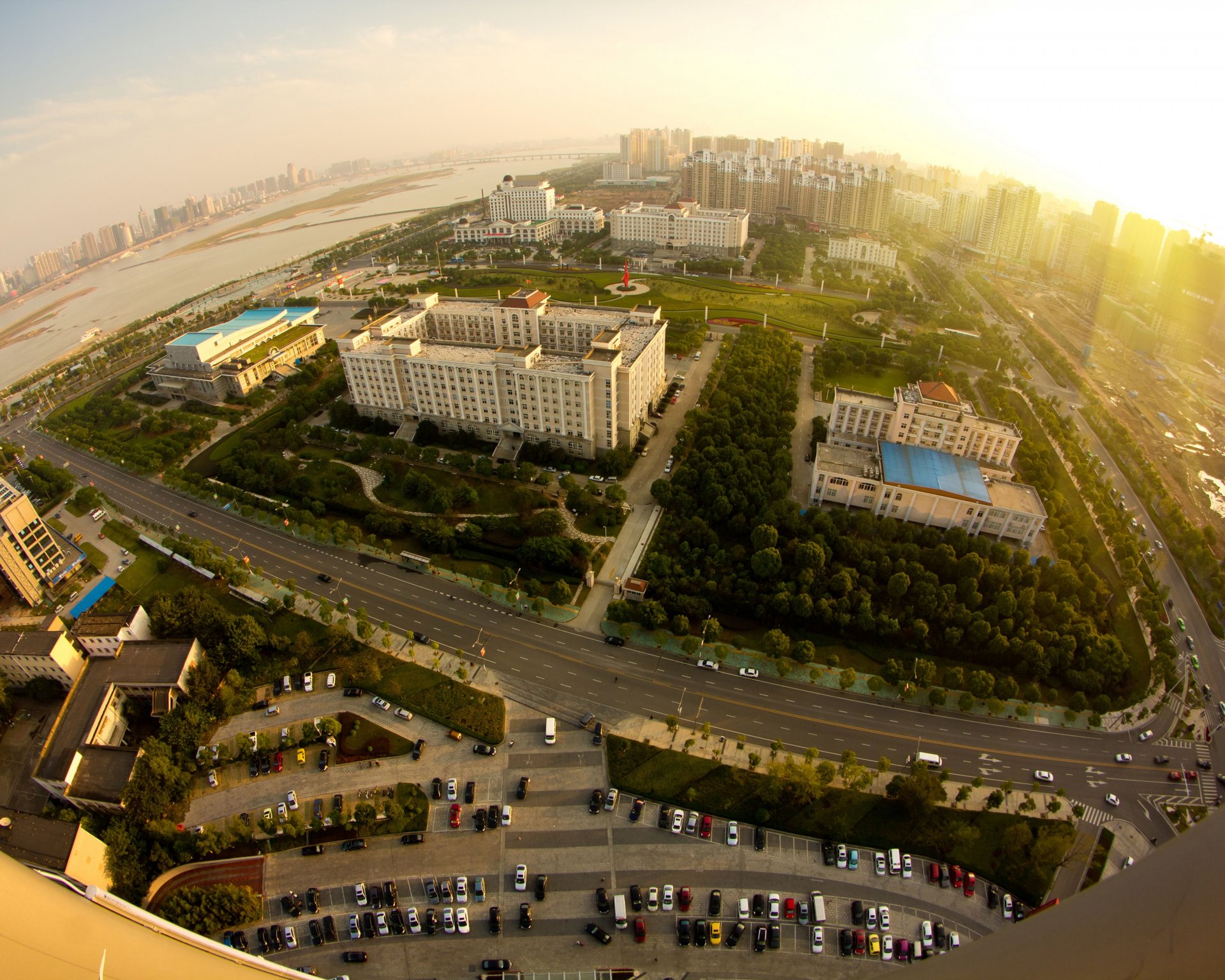 best view city landscape height building panorama buildings buildings road cars sun horizon