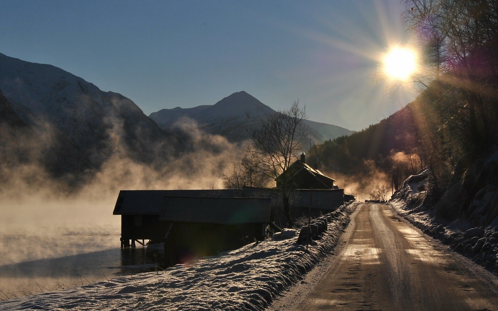 see straße berge morgen landschaft