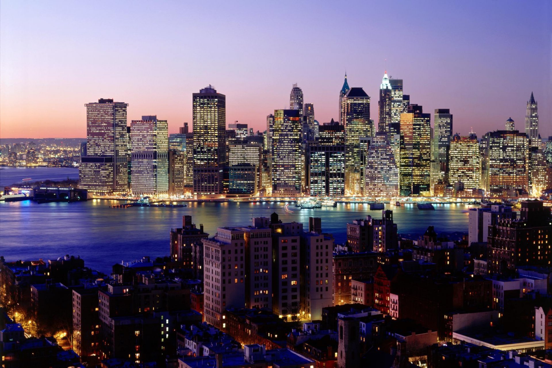 new york skyscrapers river night lights city wallpaper