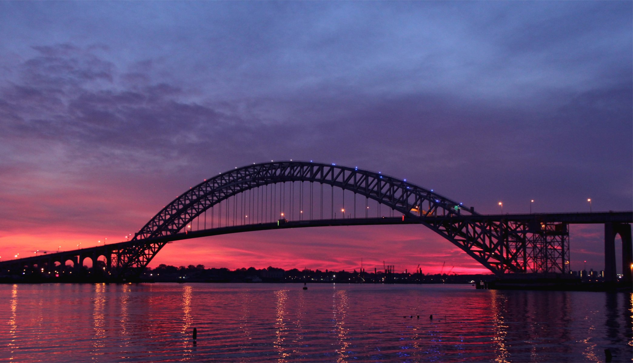 usa new jersey bayonne bridge river sunset twilight united states bridge lights lamps reflection night sky cloud