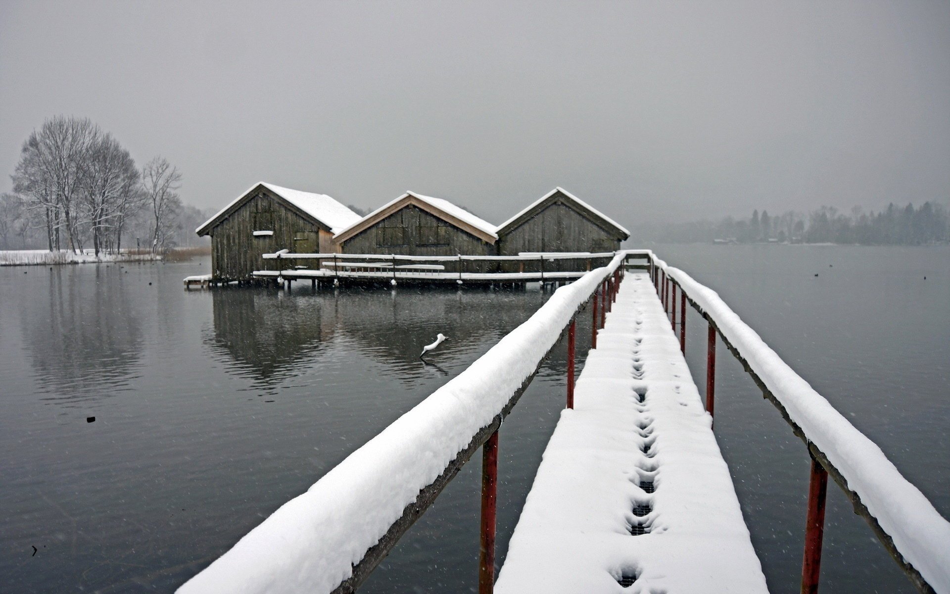 neige pont brouillard lac