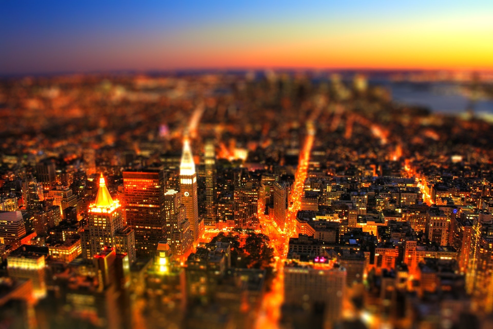 town tilt shift effect lights sky