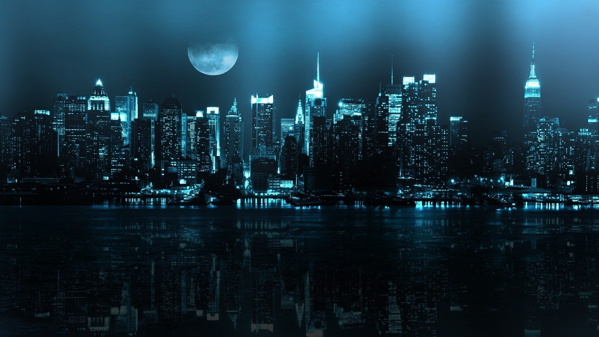 notte luna riflessione fiume new york