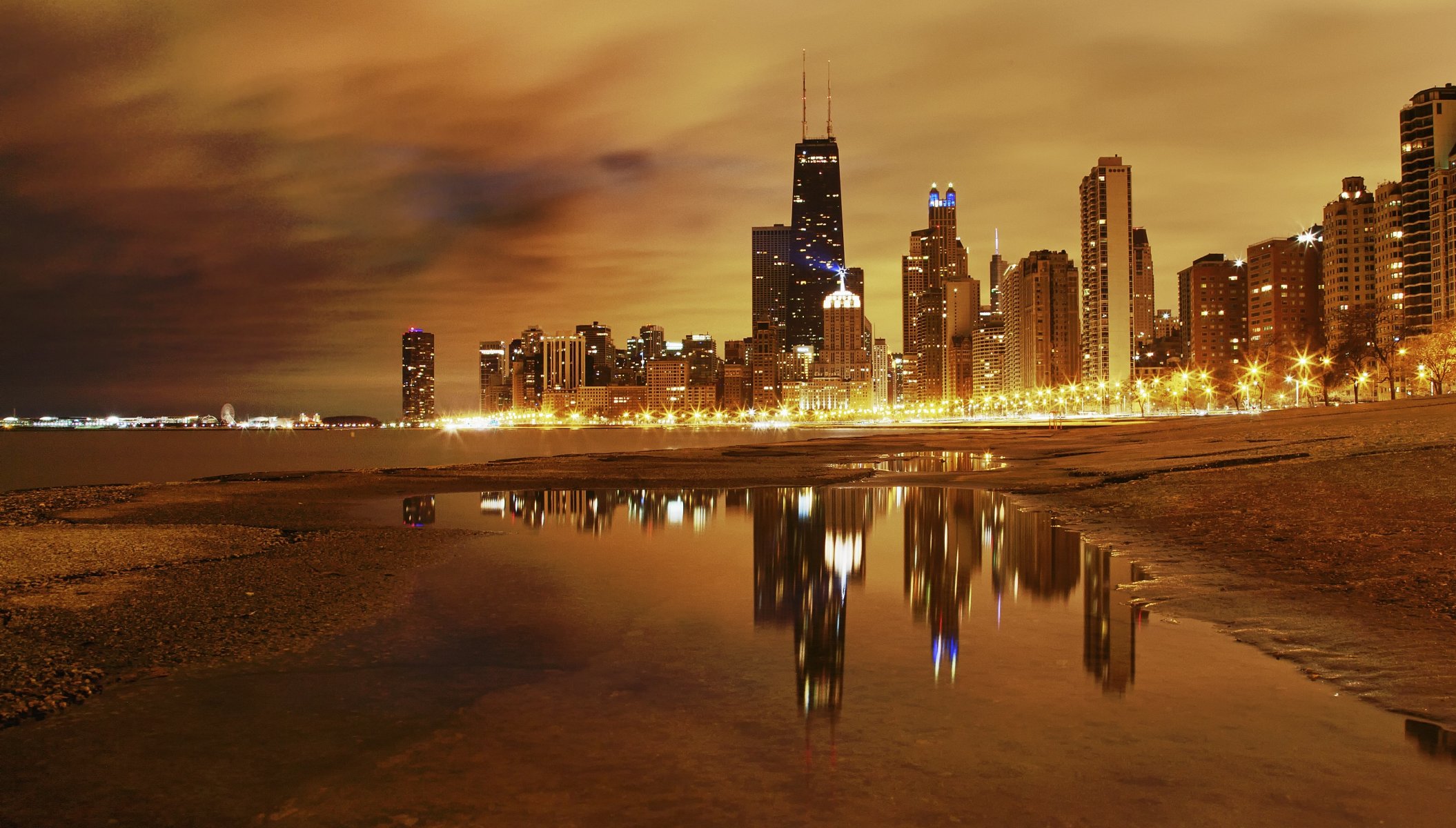 ciudad chicago noche luces lago