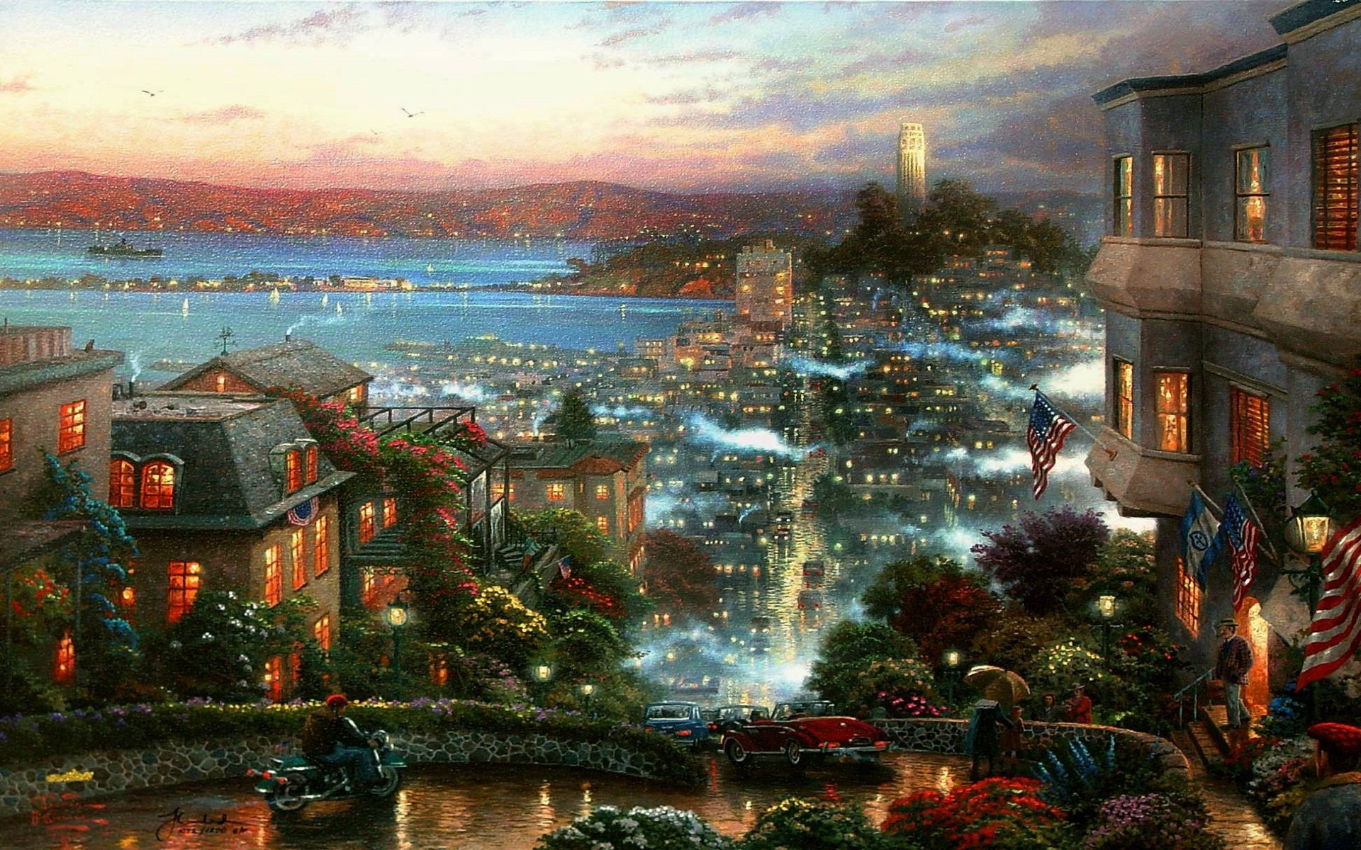 thomas kinkade town fog road