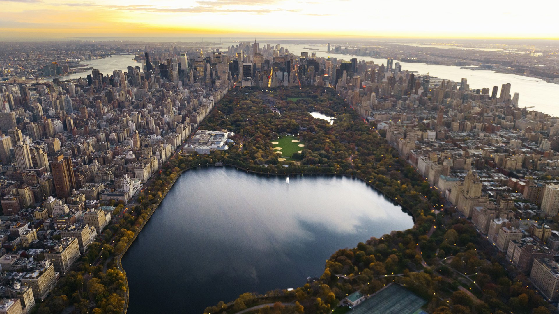 new york central park panorama soirée lac gratte-ciel ville manhattan fond d écran