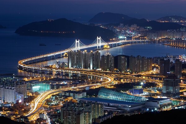 Ciudad nocturna con puente, iluminada con luces