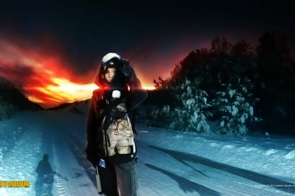 A little boy in the shadow of a snow cover