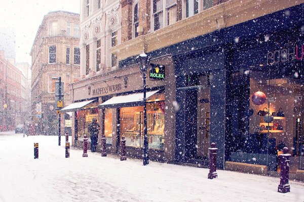 Snowy street in winter in Europe