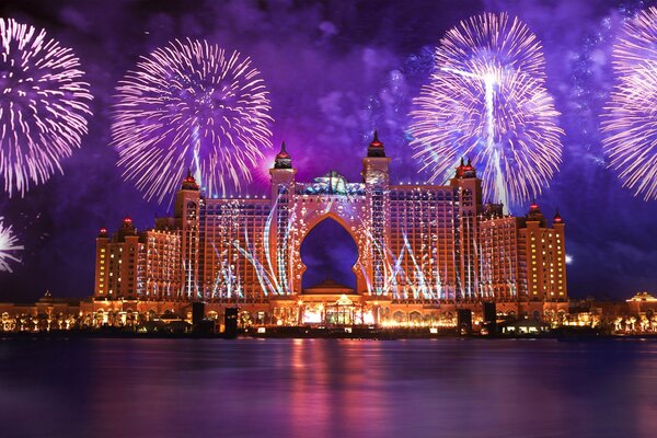 Reflection of fireworks in the water in Dubai