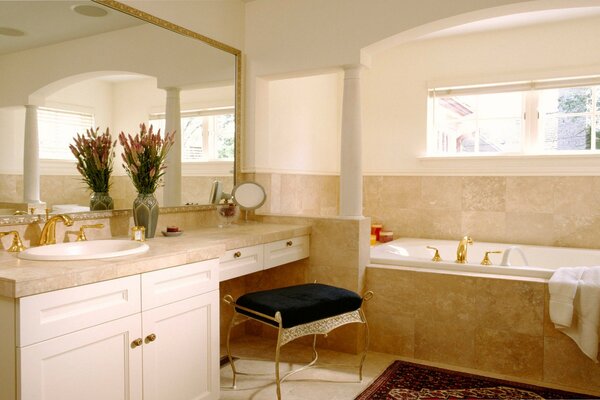 The rich interior of the bathroom in the villa