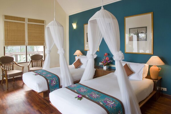 Interior of a bedroom with two beds and a canopy over them