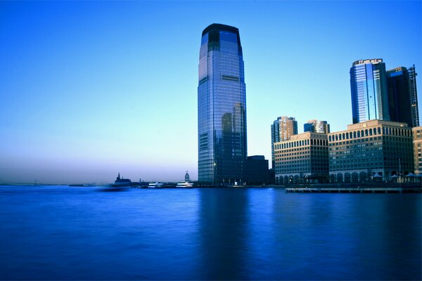 The city by the water in blue tones