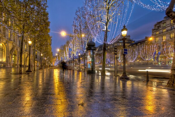 Paris France dans la rue après la pluie dans la nuit