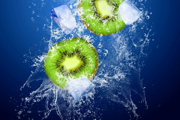 Kiwi in water and ice, among splashes