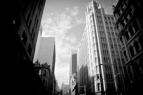 Black and white photo of skyscrapers