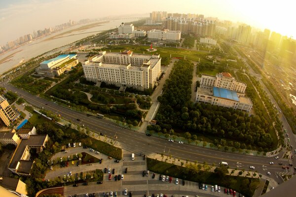 Panoramic view of the city from a height. Sunny landscape