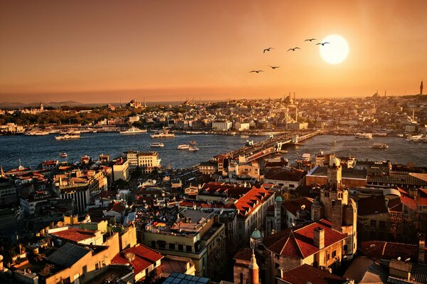 Turkey evening. Sunset in Istanbul. Evening landscape of the city. Ancient architecture