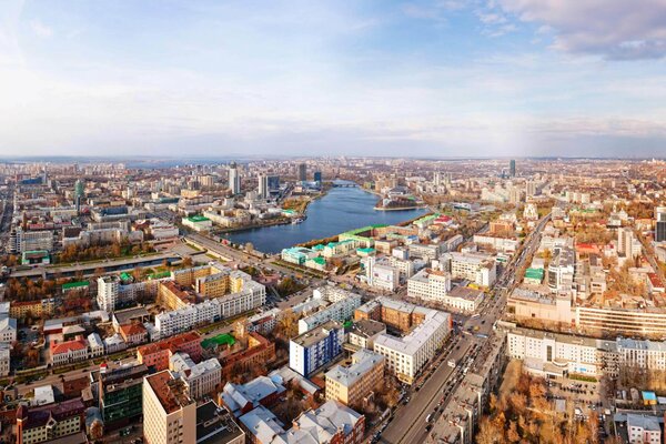 Panorama of the Ural city in clear weather