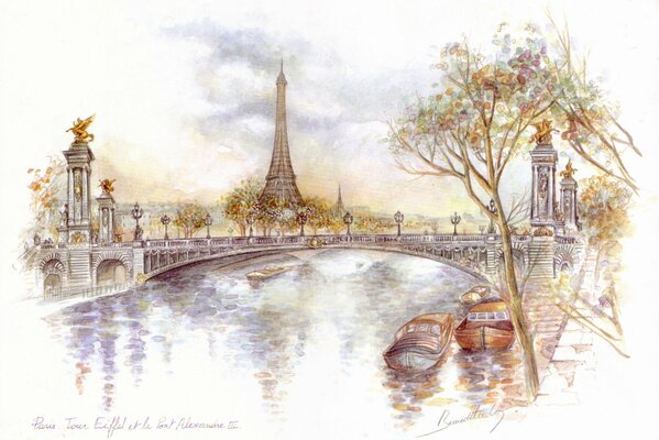 Painting of France Paris Eiffel Tower Bridge