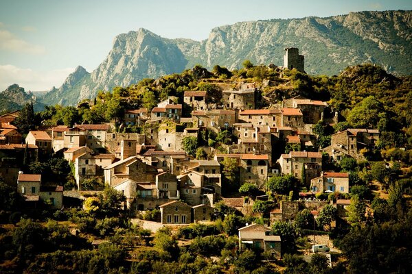 Petites maisons aux toits rouges sur une colline en France