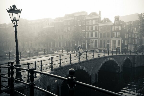 Black and white Amsterdam on the water