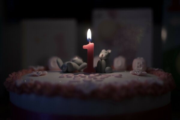 A burning candle in the cake