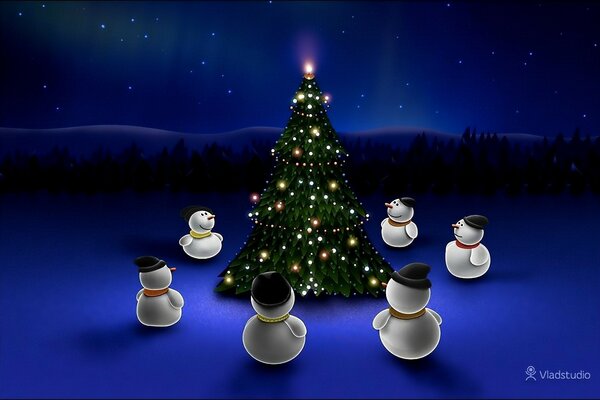 Round dance of snowmen around the Christmas tree