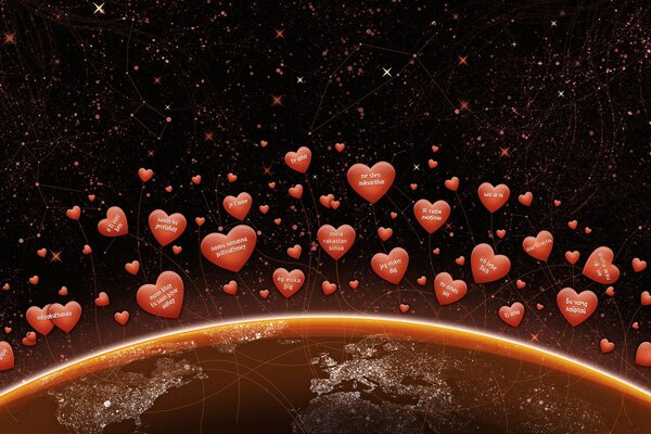 Hearts above the planet, personifying the web