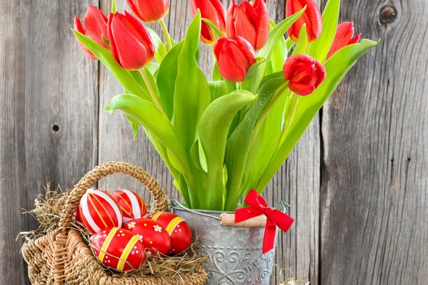 Easter basket and red tulips