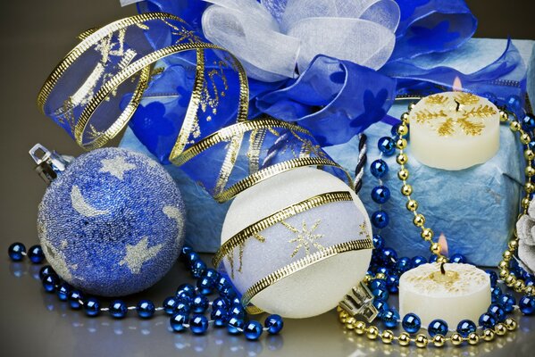 Christmas balls, candles, garlands