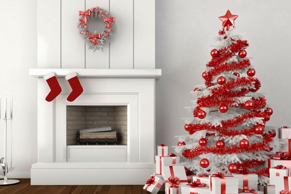 Colorful fir tree on the background of the fireplace