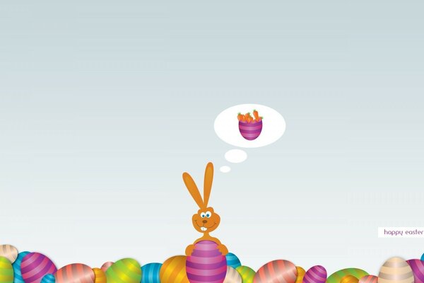 A cheerful Easter bunny peeks out of multicolored eggs