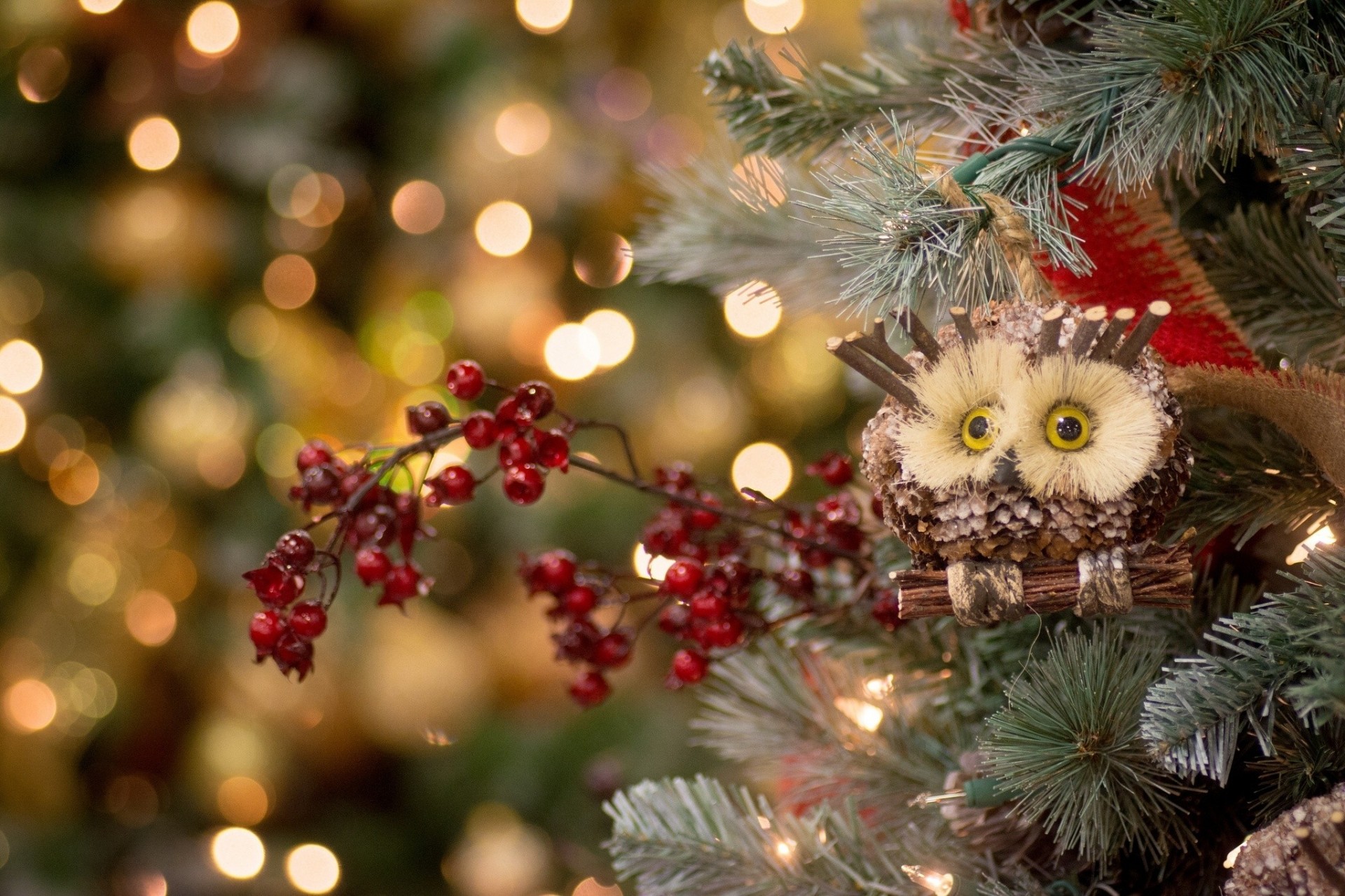 albero di natale bacche gufo giocattoli gufo