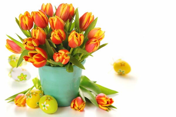 A gorgeous bouquet of Tulips in a bucket