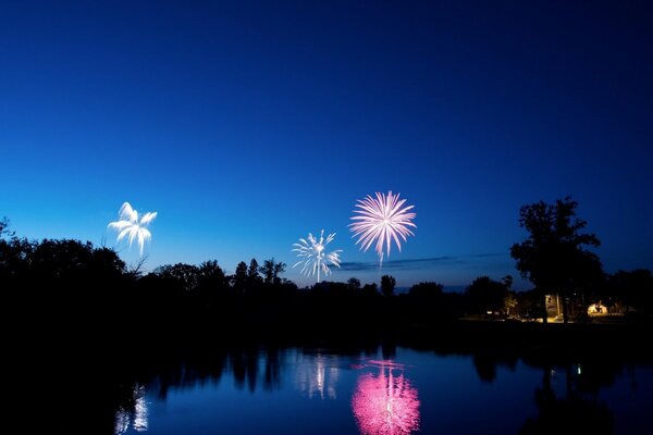 Nächtliches Feuerwerk am Fluss