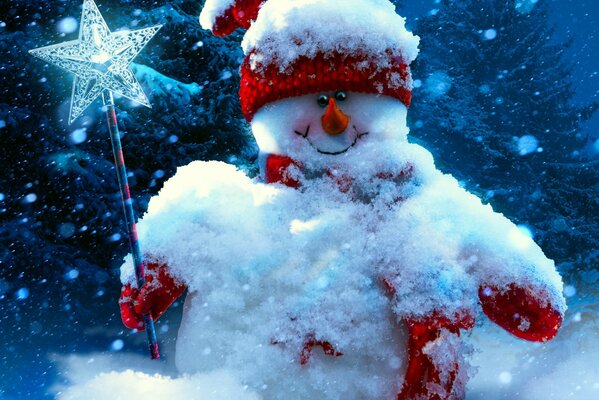 Un muñeco de nieve con un sombrero y una bufanda sostiene una varita mágica