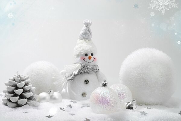 Bonhomme de neige jouet à côté de boules de Noël blanc