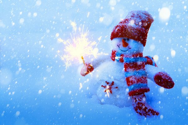 Bonhomme de neige avec un feu de Bengale