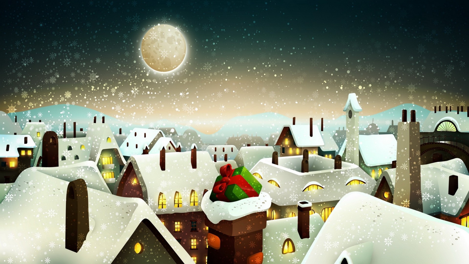 nouvel an fenêtre ville neige lune hiver cadeau maison