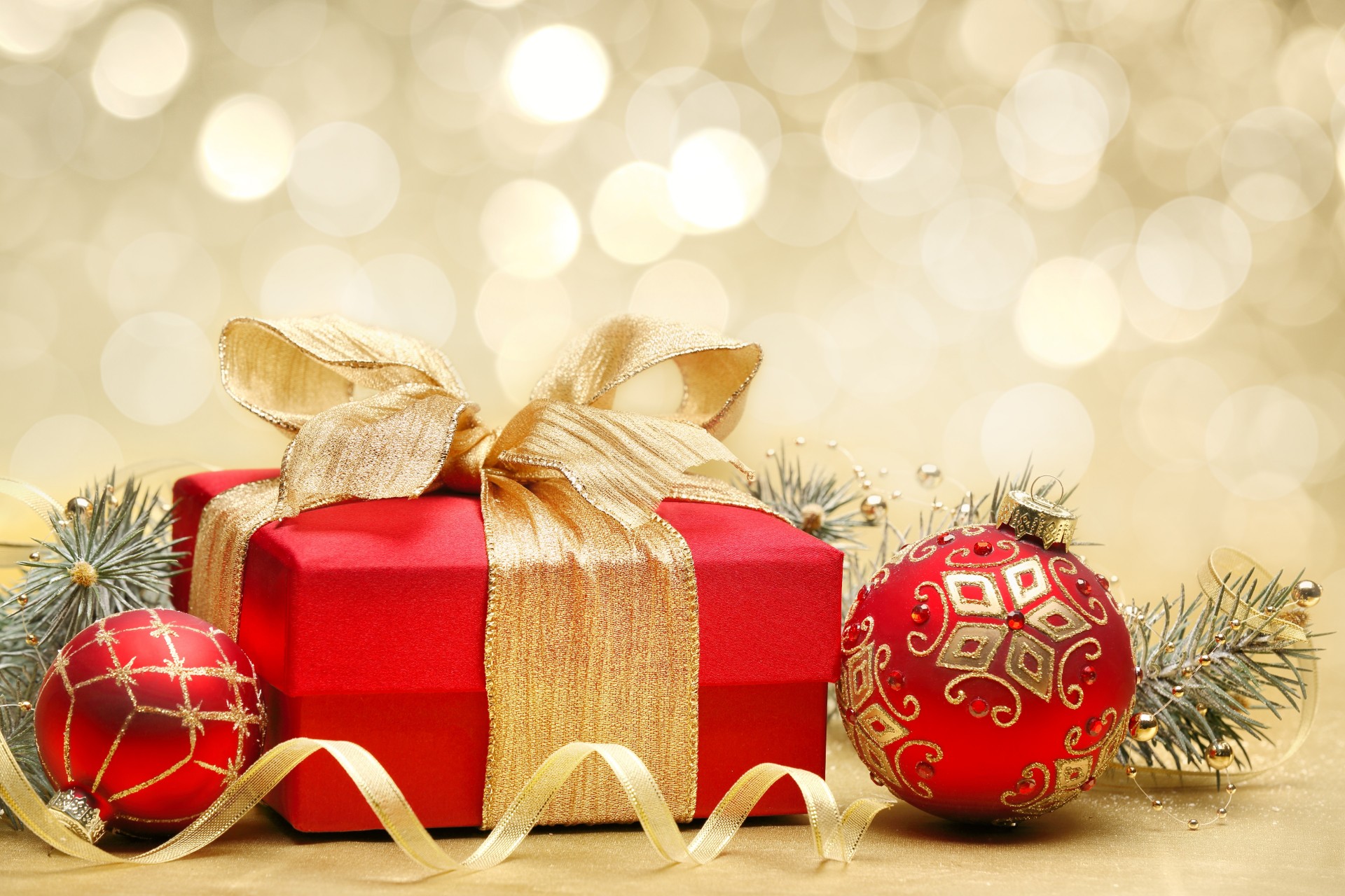 torment balls christmas red bokeh patterns toys new year decoration gold furnishings holidays present box