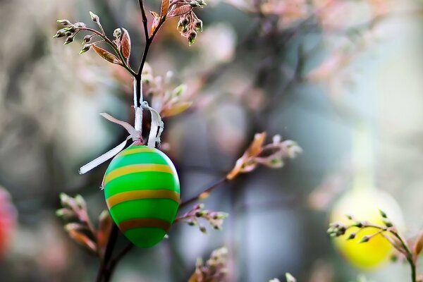 Colorido huevo de Pascua en una rama