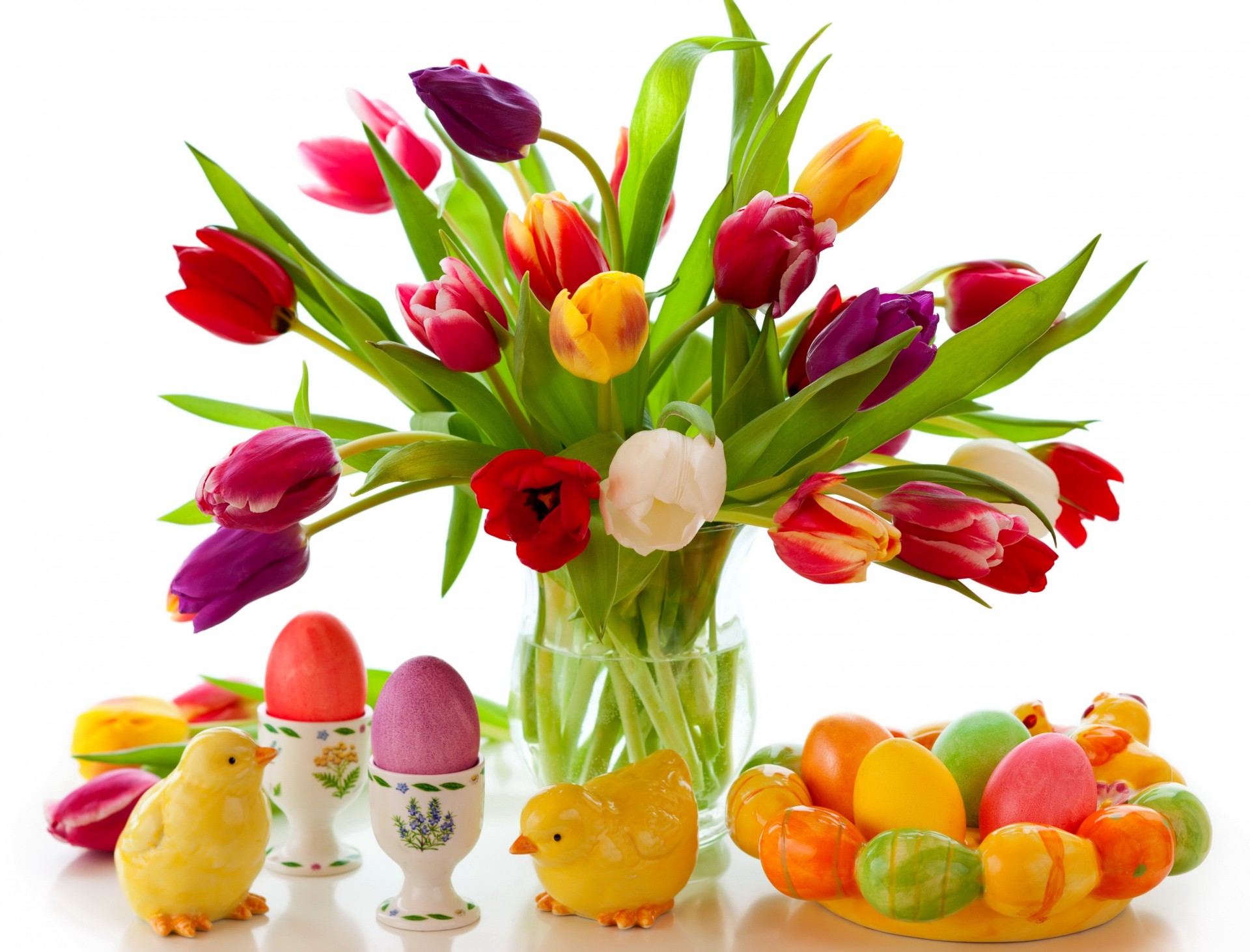 pâques jouets fond blanc oeufs tulipes