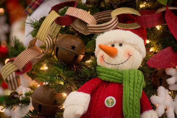 Snowman on the background of a Christmas tree with toys