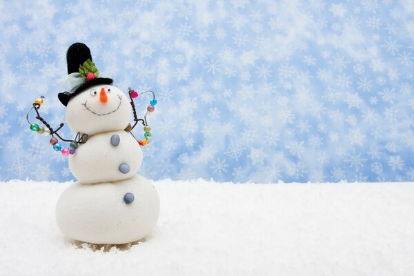 Snowman in the snow on the background of snowflakes